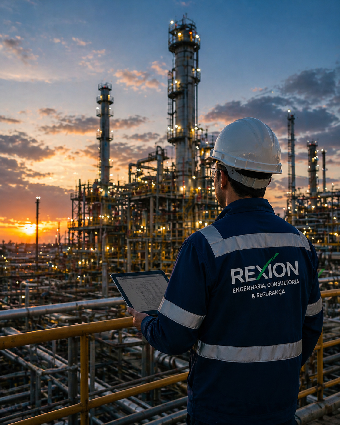 Engenheiro industrial onshore realizando inspeção técnica e análise de segurança do trabalho em operação de óleo e gás ao pôr do sol.jpg