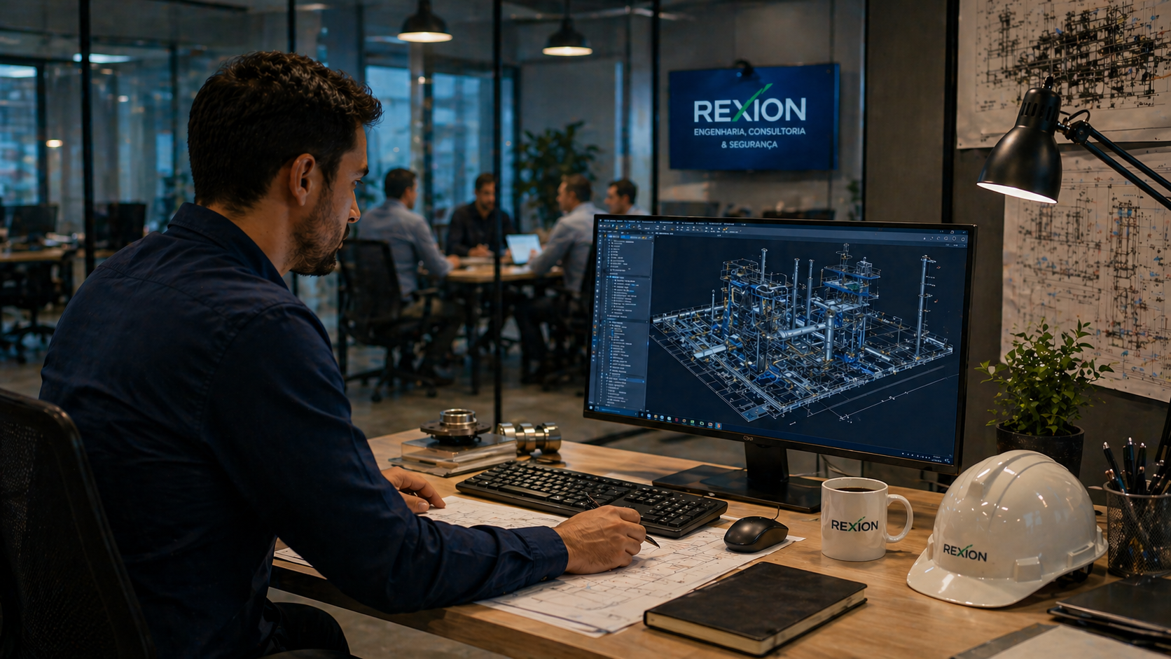 Engenheiro mecânico realizando planejamento de projeto industrial em software CAD com foco em engenharia, consultoria técnica e segurança do trabalho